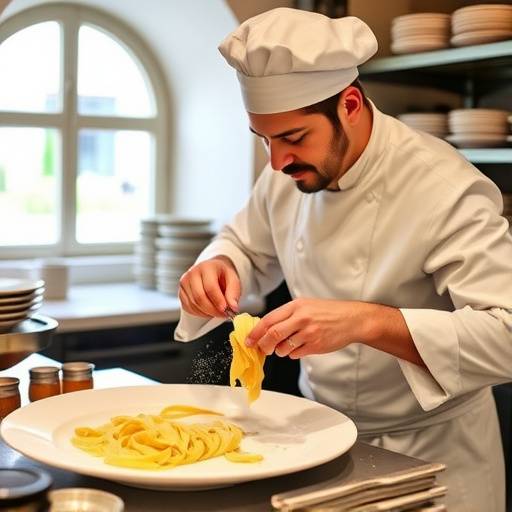 Alessandro Rossi, chef della Trattoria del Sole, mentre prepara la pasta fresca