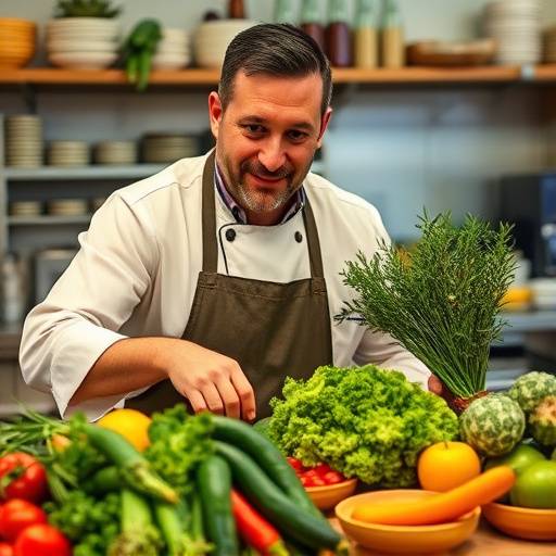 Chef Alessandro Rossi che illustra gli ingredienti freschi utilizzati nella cucina della Trattoria del Sole