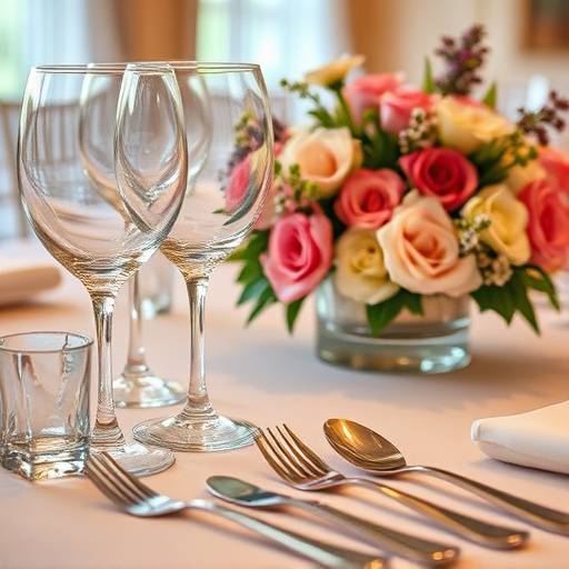 Dettaglio di un tavolo apparecchiato con posate lucenti, bicchieri di cristallo e un centrotavola di fiori freschi