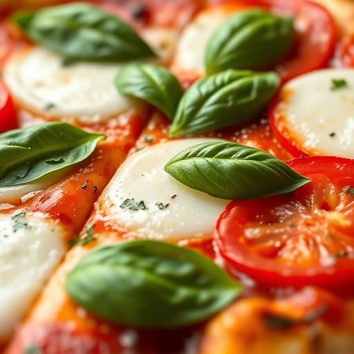 Dettaglio di una pizza margherita con mozzarella filante e basilico fresco