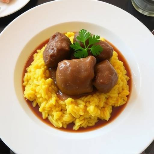 Foto del Piatto del Giorno: Ossobuco alla Milanese con risotto allo zafferano, guarnito con prezzemolo fresco