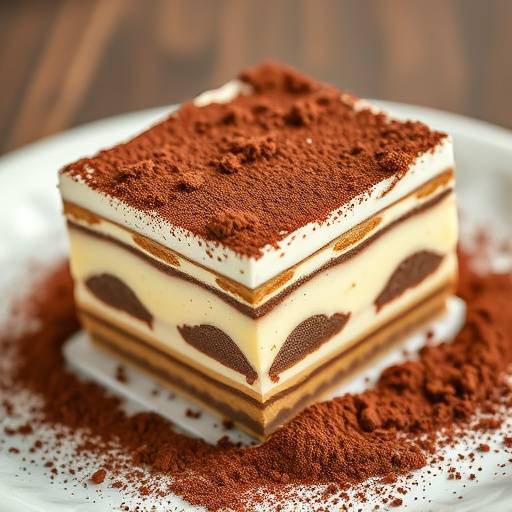 Fotografia di un dessert tipico italiano, un tiramis&ugrave;, con cacao in polvere