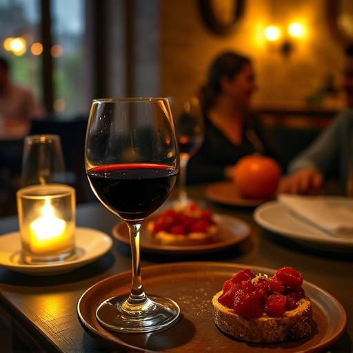 Immagine di un bicchiere di vino rosso toscano accanto a una bruschetta
