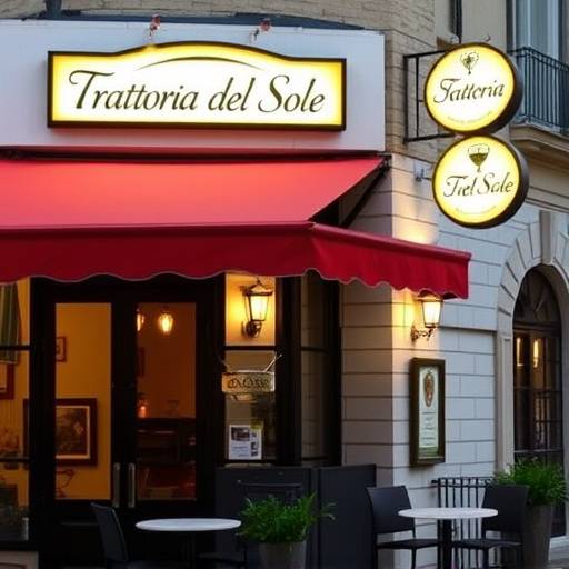 La facciata esterna della Trattoria del Sole, con l'insegna illuminata e i tavolini all'aperto