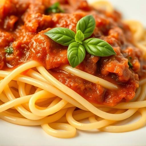 Primo piano di un piatto di pasta fresca fatta in casa con rag&ugrave;