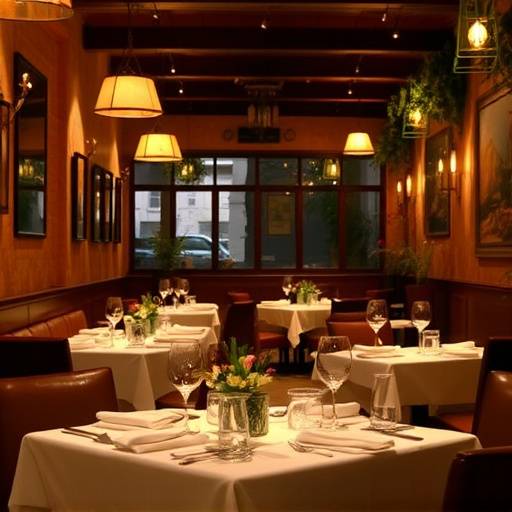 Sala principale della Trattoria del Sole illuminata con luci soffuse e tavoli elegantemente apparecchiati