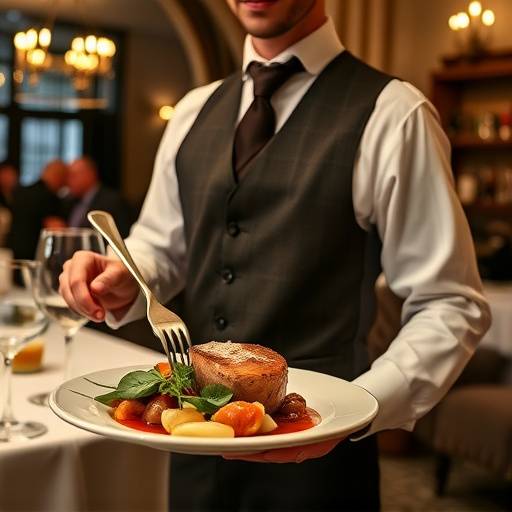 Un cameriere che serve con eleganza un piatto di bistecca alla fiorentina ad un tavolo