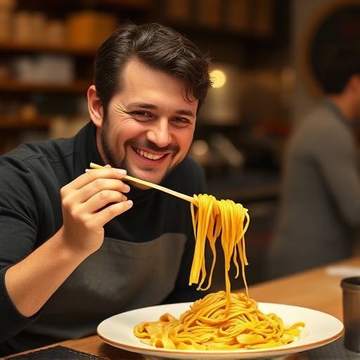 Un cliente sorridente mentre assaggia un piatto di pasta fresca fatta in casa