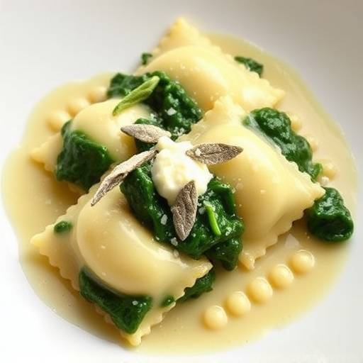 Un delizioso piatto di ravioli ripieni di ricotta e spinaci con burro e salvia
