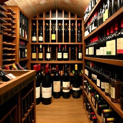 Una cantina vini ben fornita con scaffali pieni di bottiglie di vino italiano di diverse annate