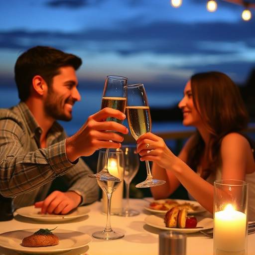 Una coppia che brinda con due bicchieri di prosecco durante una cena romantica alla Trattoria del Sole