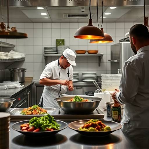 Veduta della cucina con chef all'opera nella preparazione di piatti tipici fiorentini