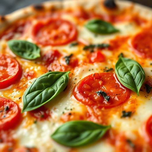 Vista parziale di una pizza margherita appena sfornata con basilico fresco